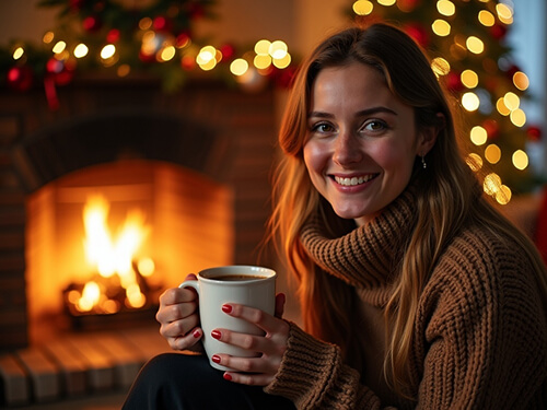 AI-generated Christmas photo of a woman holding a warm drink by the fireplace with cozy holiday lighting.