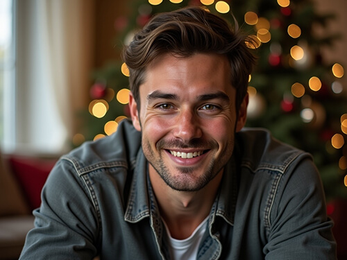 AI-generated Christmas photo of a smiling man in sweater with Christmas tree and warm bokeh lights.