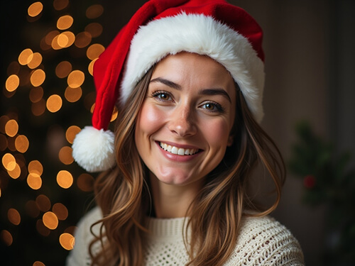 AI-generated Christmas photo of a woman wearing Santa hat smiling with Christmas decorations in background.
