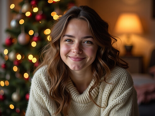 AI-generated Christmas photo of a woman smiling warmly by the Christmas tree with cozy indoor lighting.
