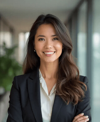 AI-generated professional headshot of a smiling young woman with long dark hair wearing a dark blazer, with blurred modern office hallway background