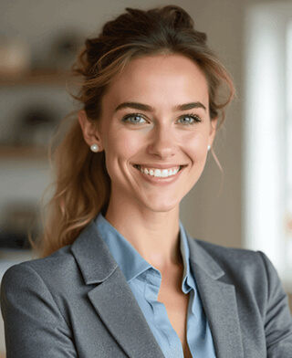 AI-generated professional headshot of a smiling young woman with light brown hair wearing a grey blazer, with blurred indoor background