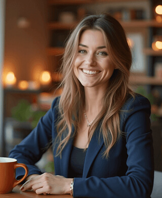 AI-generated professional headshot of a smiling young woman with long brown hair wearing a dark blue blazer, seated at a table with warm cafe lighting background