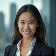 Professional headshot of a woman with city skyline background