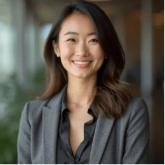 Professional headshot of a woman in grey blazer