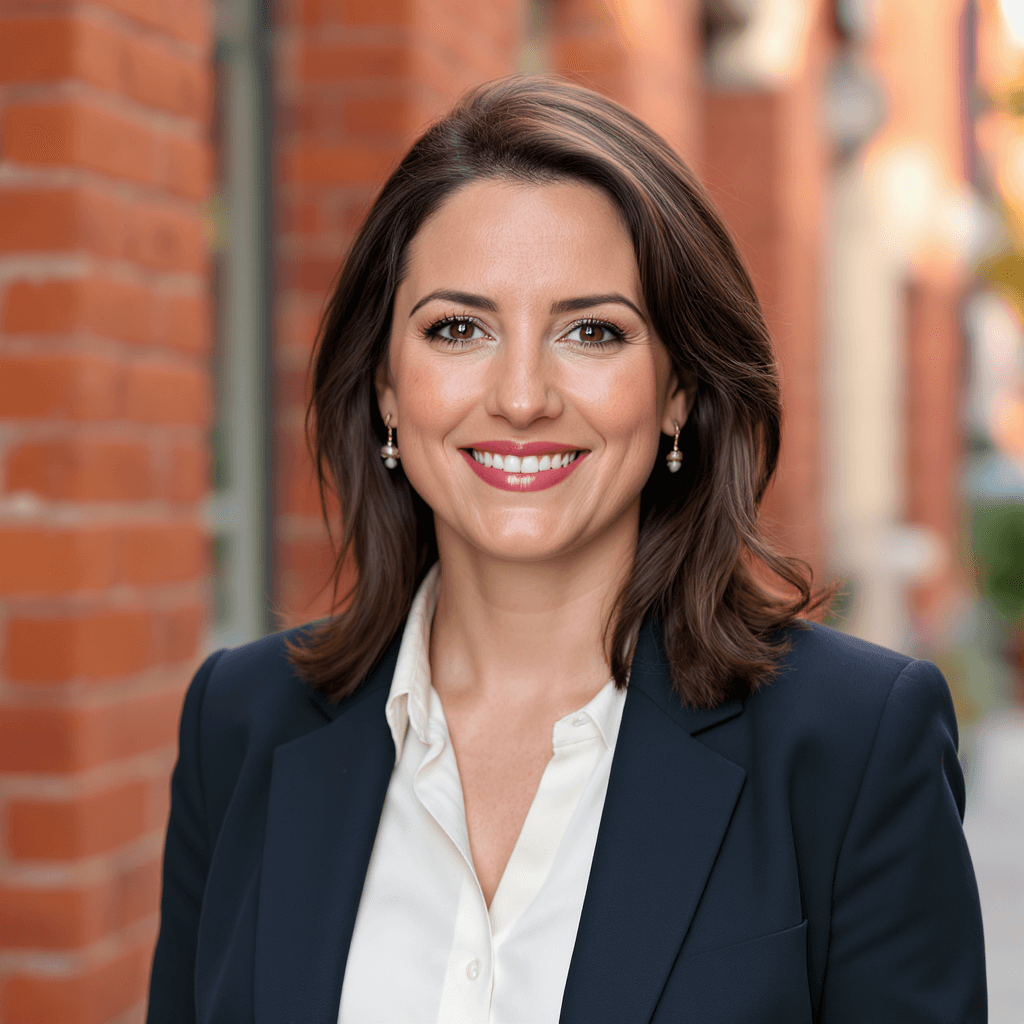 Professional headshot of a smiling woman with dark brown wavy hair wearing a dark navy blazer