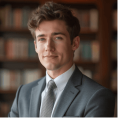 Professional headshot of a young man in grey suit