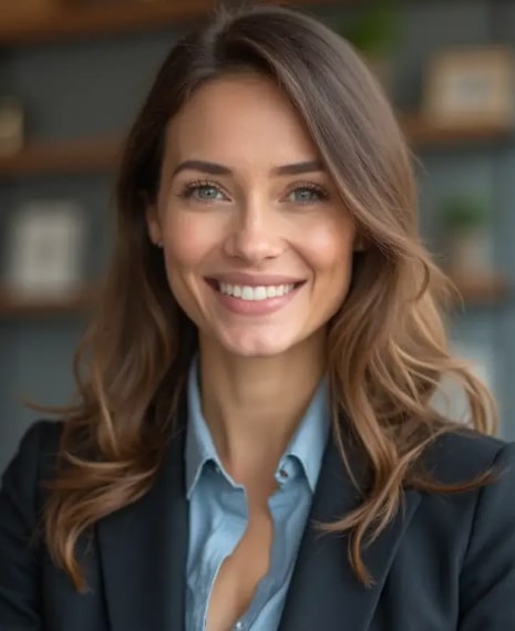 AI-generated professional headshot of a smiling woman with long wavy brown hair in a light blue collared shirt and dark blazer