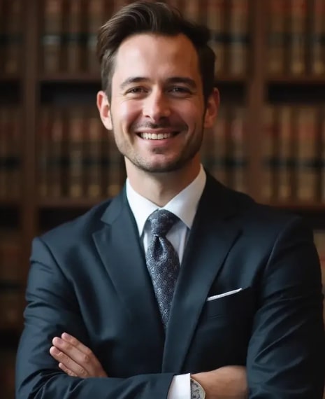 AI-generated professional headshot of a man with short dark hair in a white collared shirt, patterned dark tie, and dark suit jacket