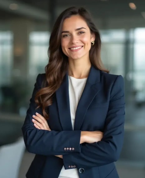AI-generated professional headshot of a woman with long wavy dark hair in a white top and dark blue blazer