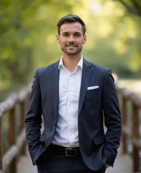 AI-generated professional headshot of a man with short dark hair in a white collared shirt and dark suit jacket