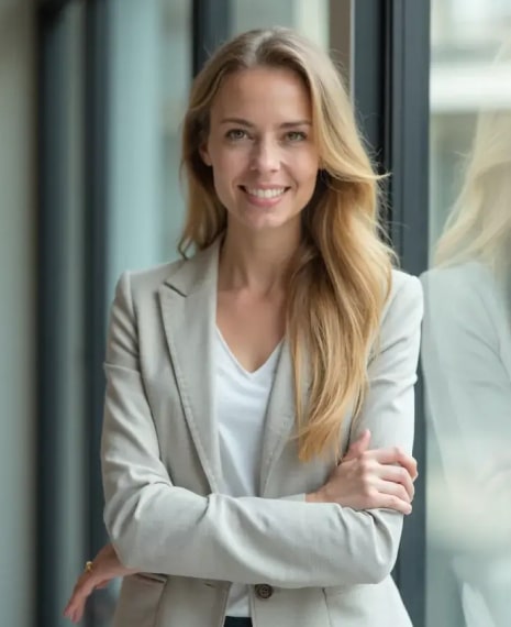 AI-generated professional headshot of a woman with long wavy blonde hair in a white top and light beige blazer