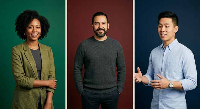 Bold color backdrop headshot style featuring deep navy emerald and burgundy backgrounds that make the subject stand out