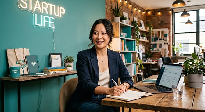 Branded headshot style incorporating company colors and subtle professional props for personal brand photography