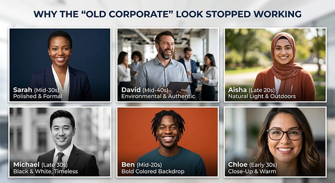 Side by side comparison of outdated stiff corporate headshots versus modern approachable professional headshot styles