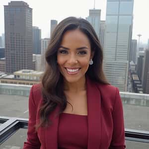 Smiling woman in burgundy suit standing on a rooftop with city buildings in background.