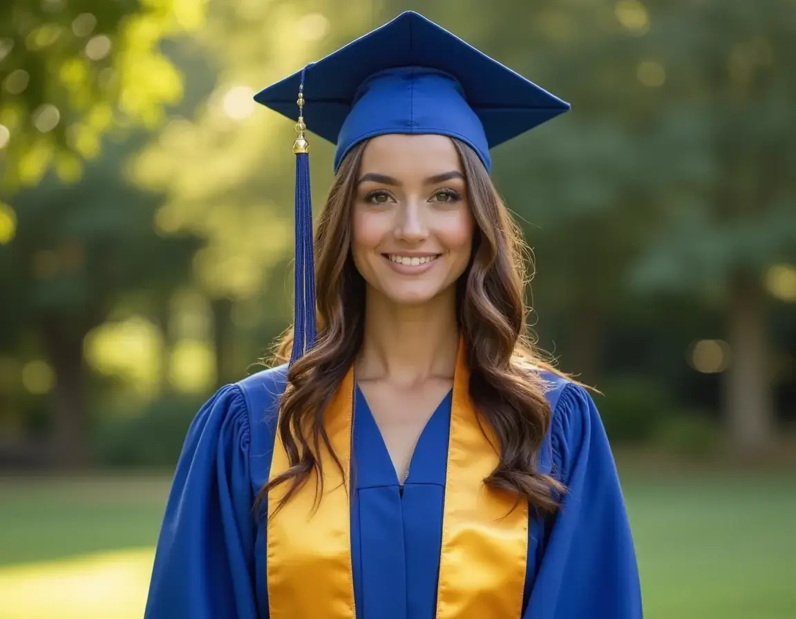 Graduation headshot of a woman standing outdoors with greenery in the background