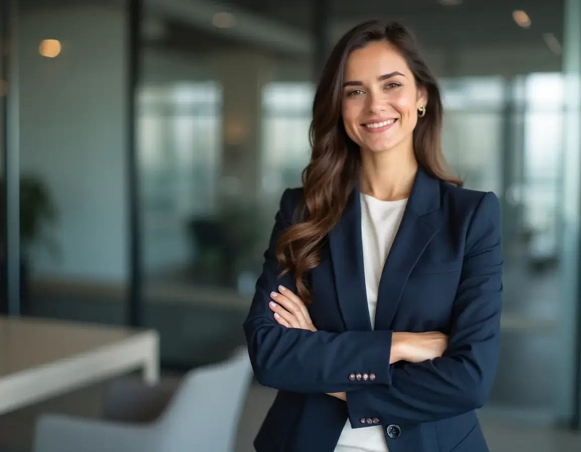 Professional Linkedin headshot of a woman with blurred office background