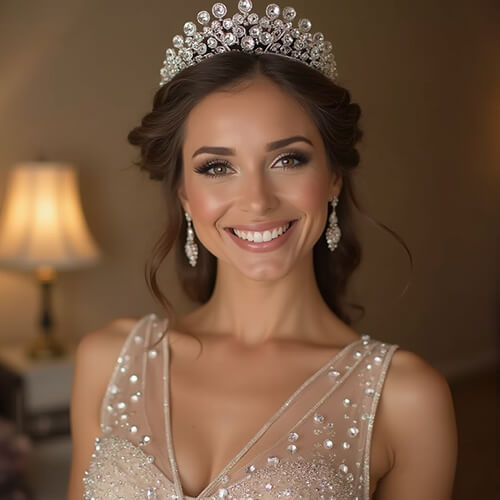 Pageant headshot of a woman in a bejeweled gown, wearing a tiara and sparkling earrings, smiling with warm, elegant expression