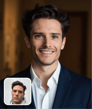 AI-generated professional headshot of a man in a dark blue suit, created from a selfie