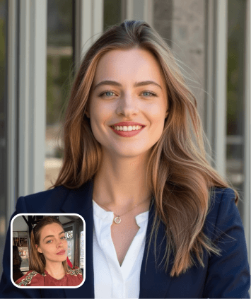 AI-generated professional headshot of a woman in a dark blue blazer, created from a selfie