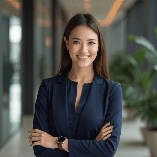 AI-generated headshot example of a smiling woman standing in a modern office.