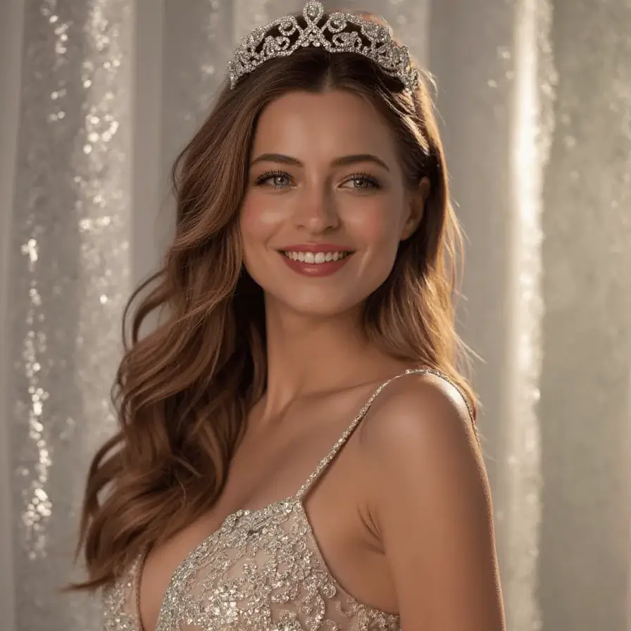 AI generated pageant headshot of a female wearing champagne-colored gown