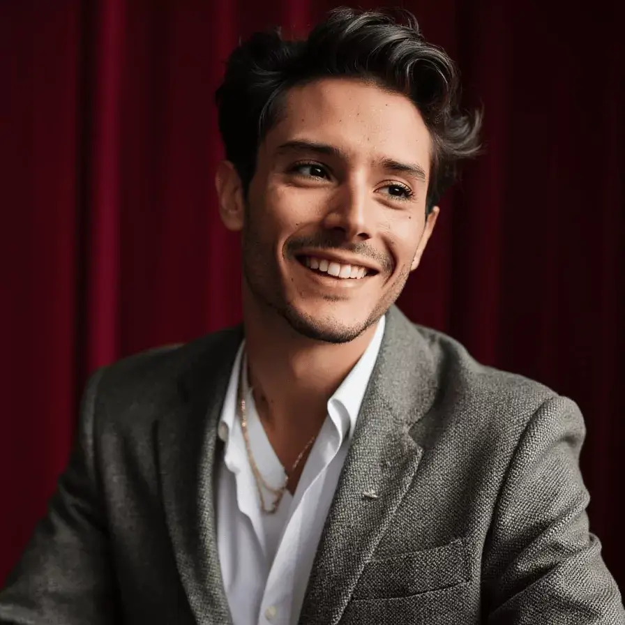 AI generated pageant headshot of a male in grey suit with burgundy backdrop