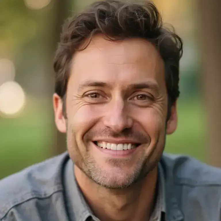 AI generated actor headshot of a man featuring a smile with natural lighting