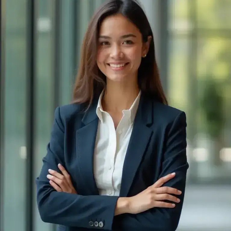 AI generated lawyer headshot of a woman with big windows background