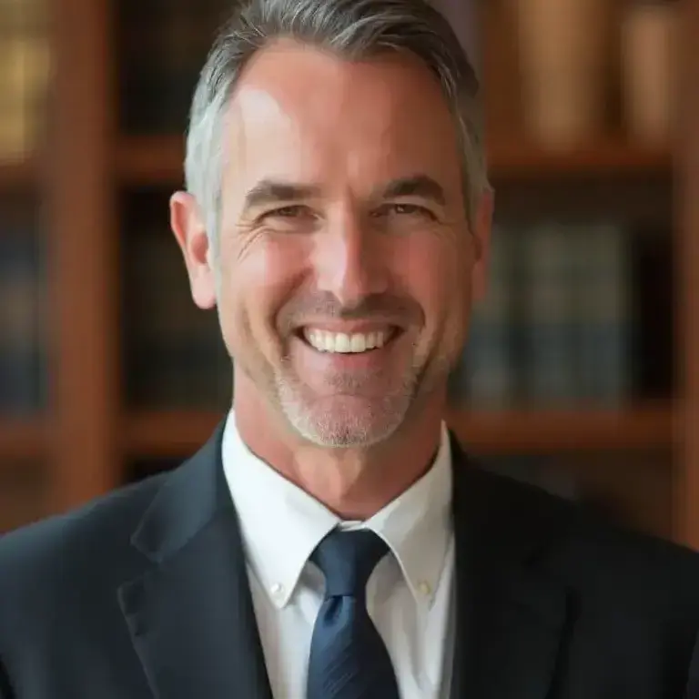 AI generated lawyer headshot of a man in traditional law office environment