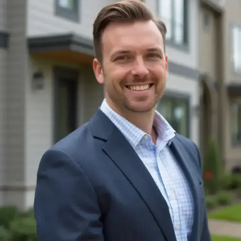 AI generated realtor headshot of a man with commercial property background