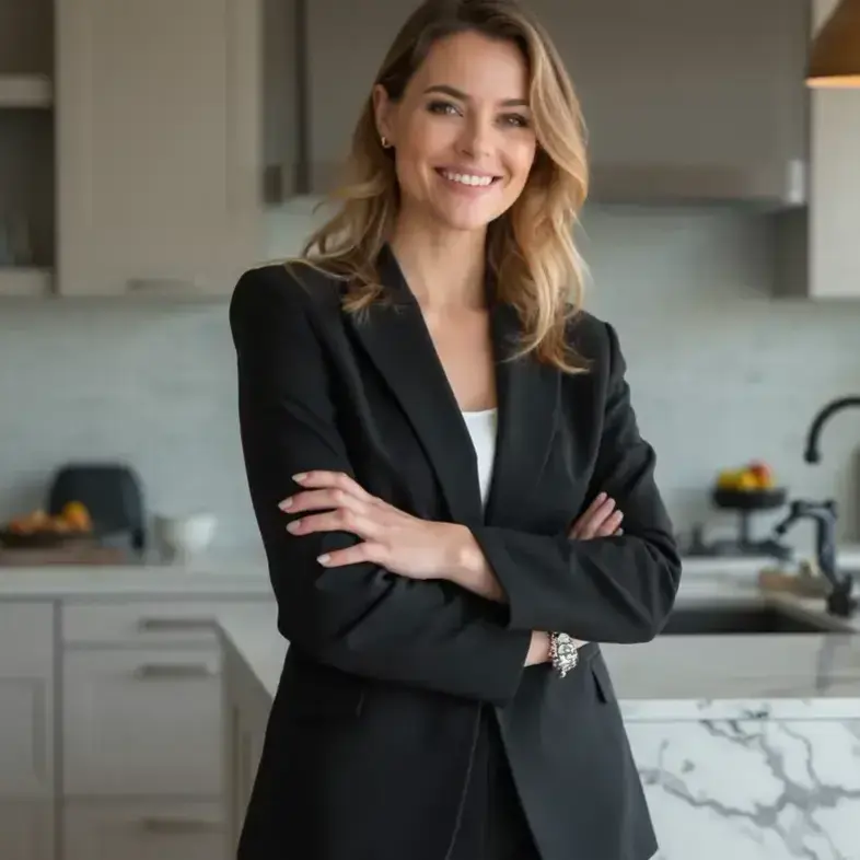 AI generated realtor headshot of a woman with contemporary kitchen environment