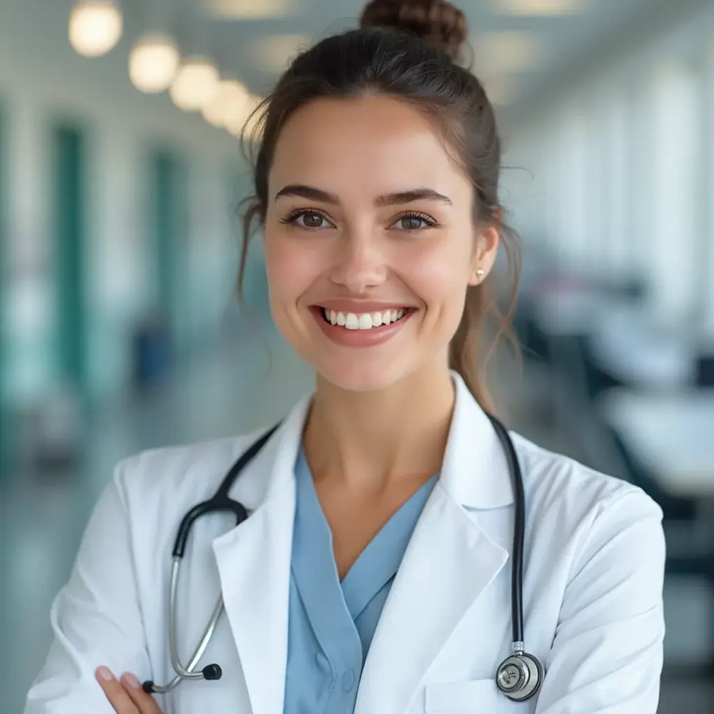 AI generated healthcare headshot of a woman in hospital corridor