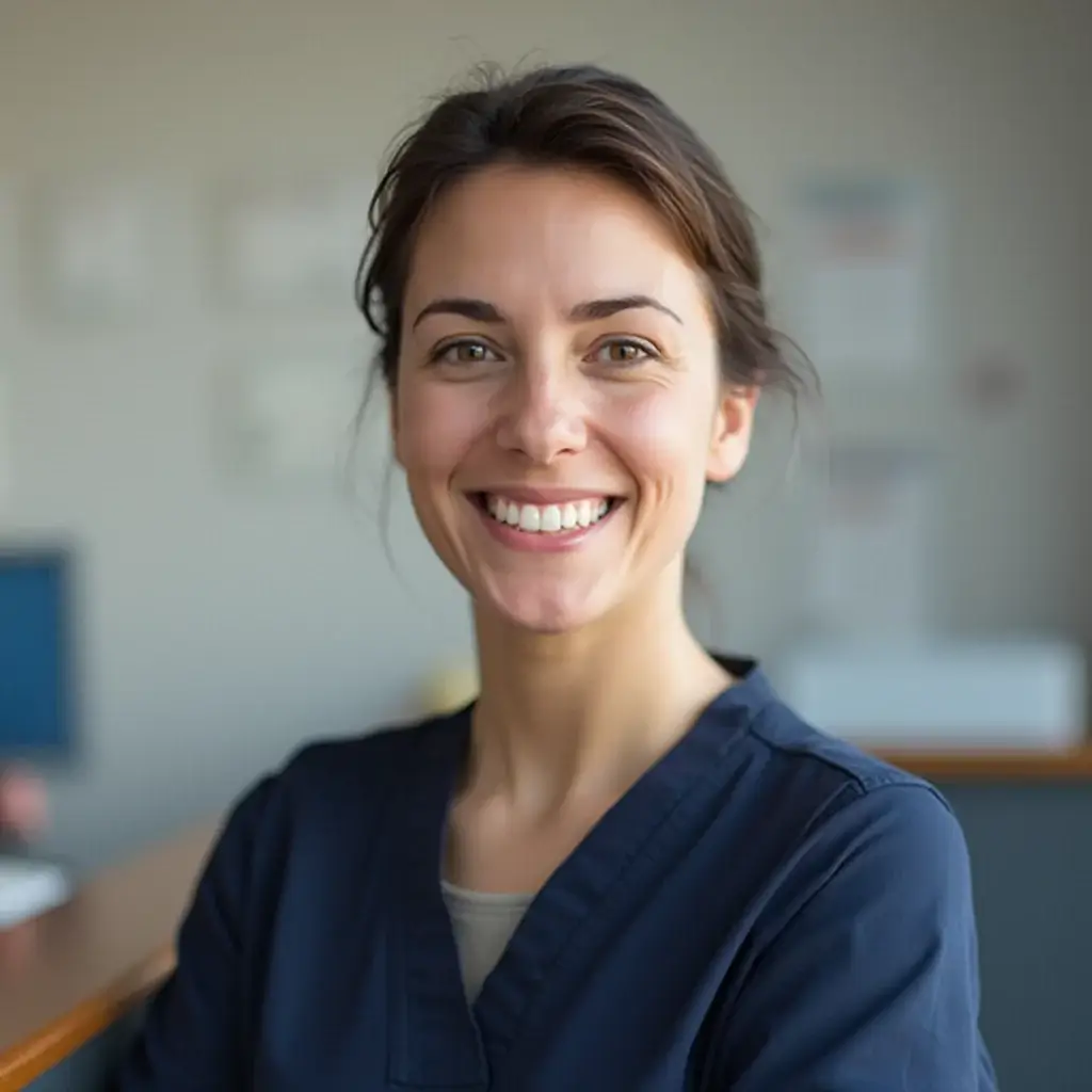 AI generated healthcare headshot of a woman in medical office background