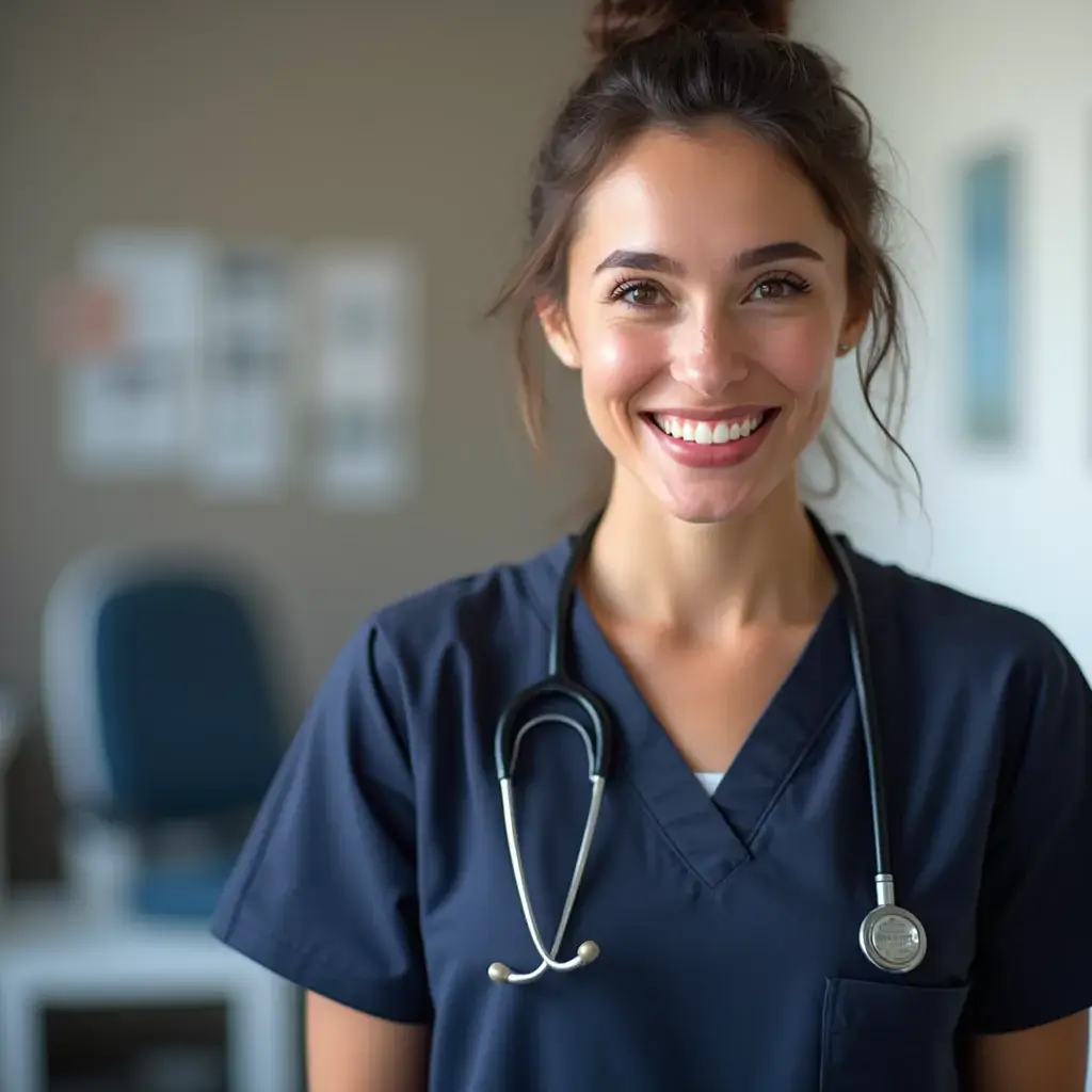 AI generated healthcare headshot of a woman in clinical environment