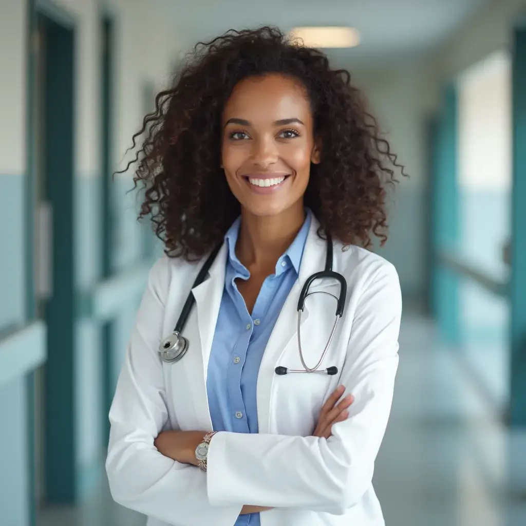 AI generated portrait of a healthcare professional wearing white coat with stethoscope