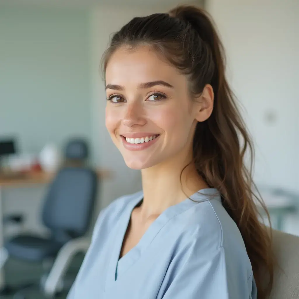 AI generated healthcare headshot of a woman with medical office background