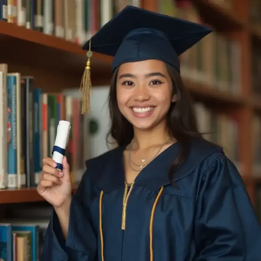 AI generated portrait of a female graduate with library background