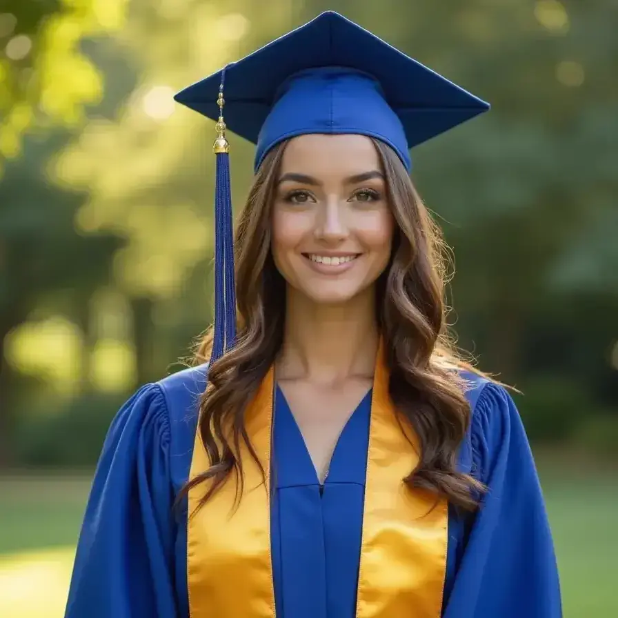 AI generated graduation headshot of a woman with blurred park background