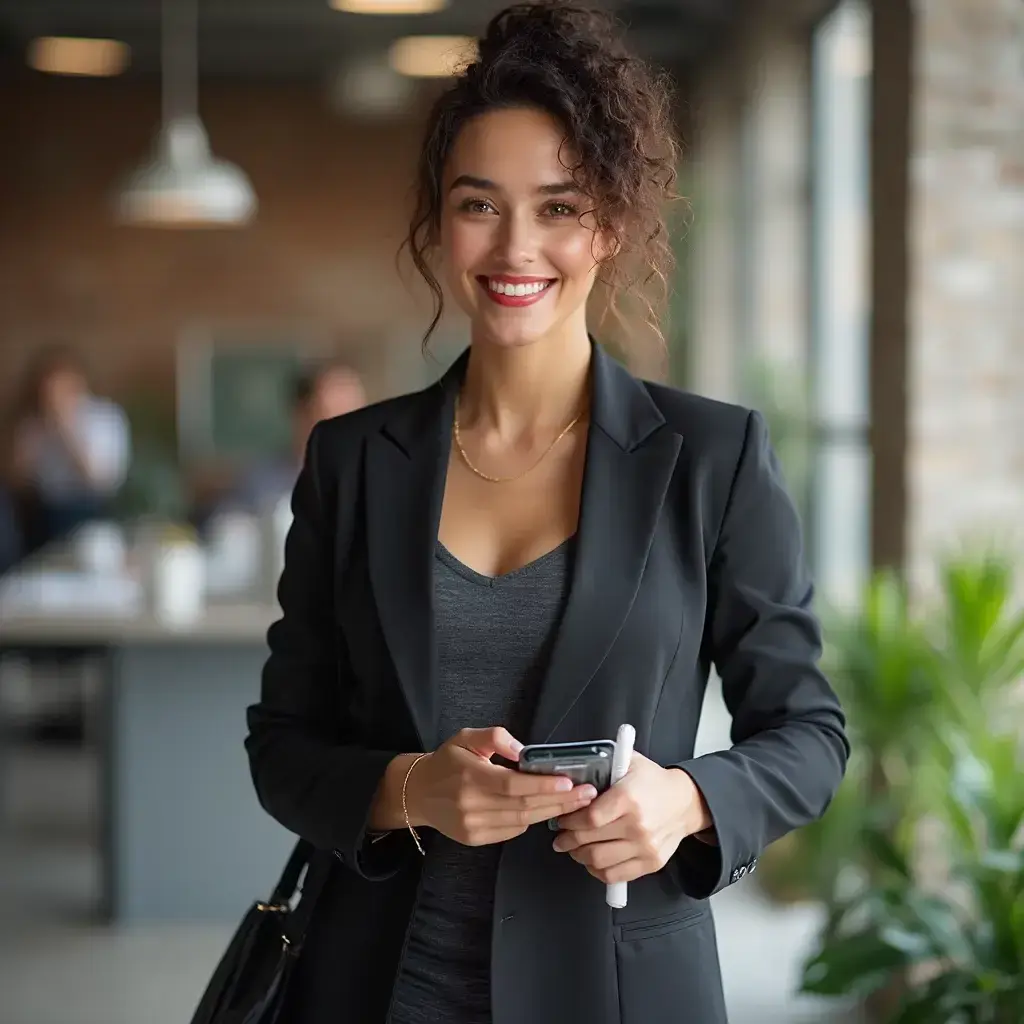 AI generated headshot of a young female entrepreneur with modern office background