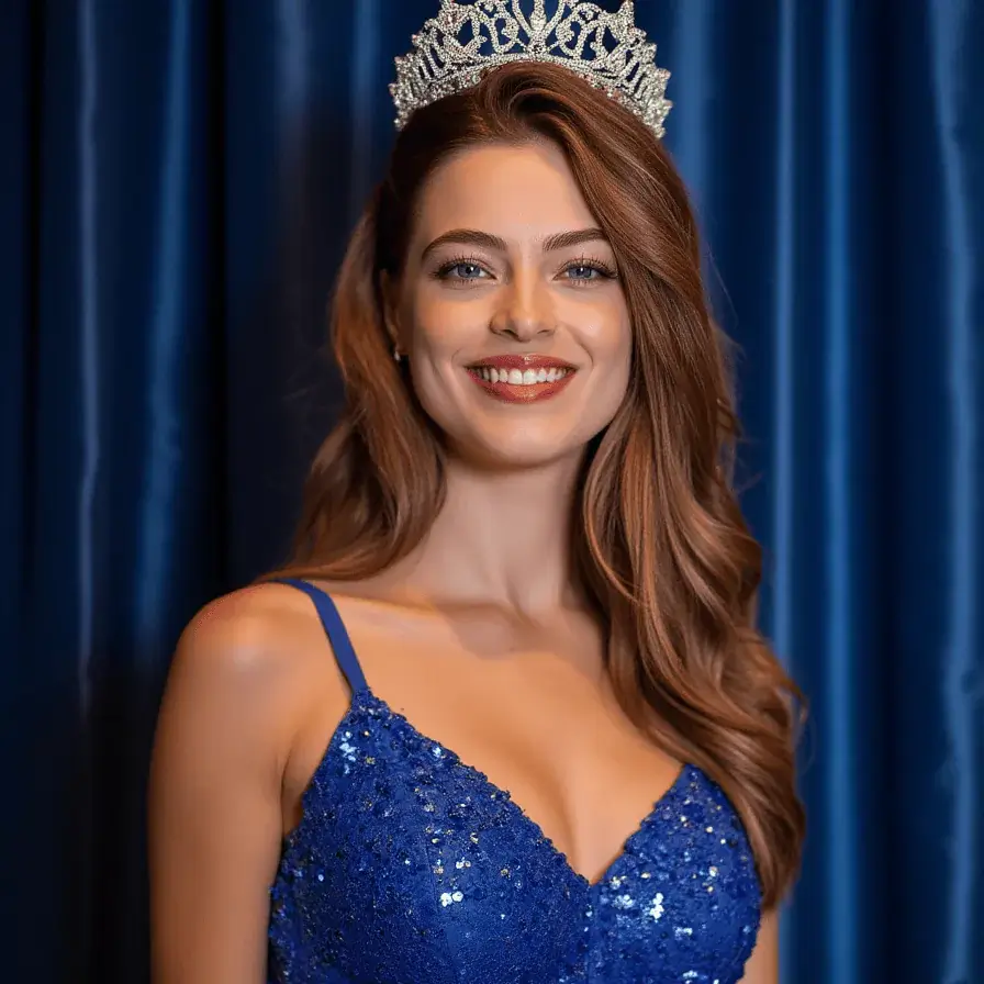 AI generated pageant headshot of a female standing against blue curtains