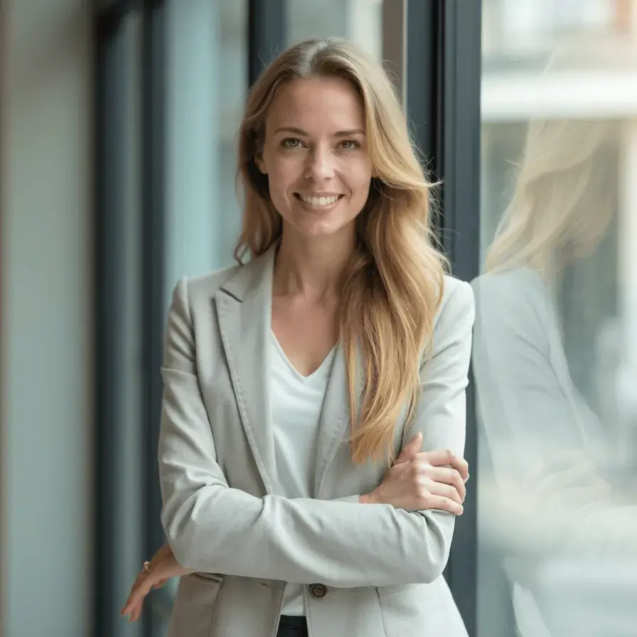 AI generated executive headshot of a female with big windows background