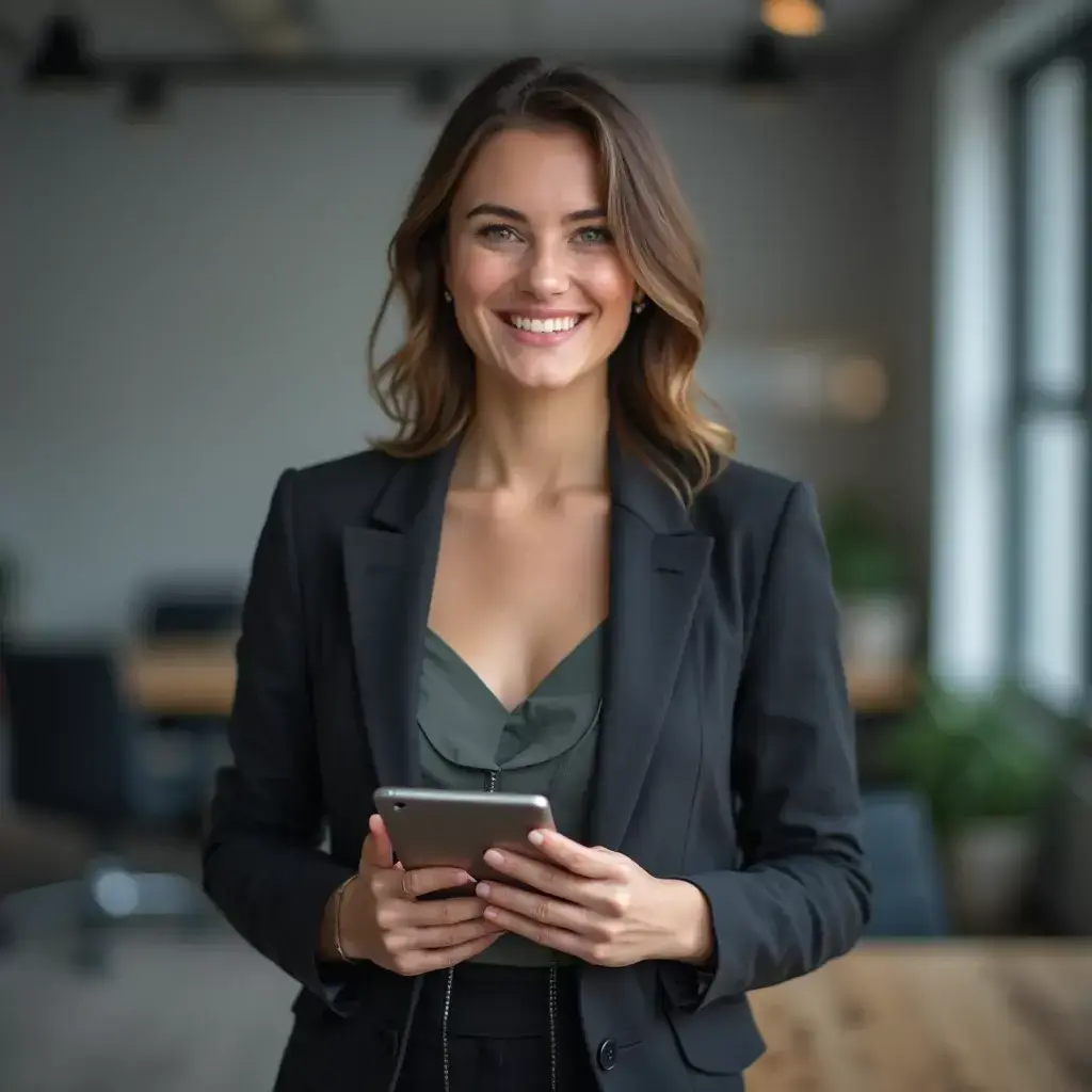 AI generated corporate headshot of a female with modern office background