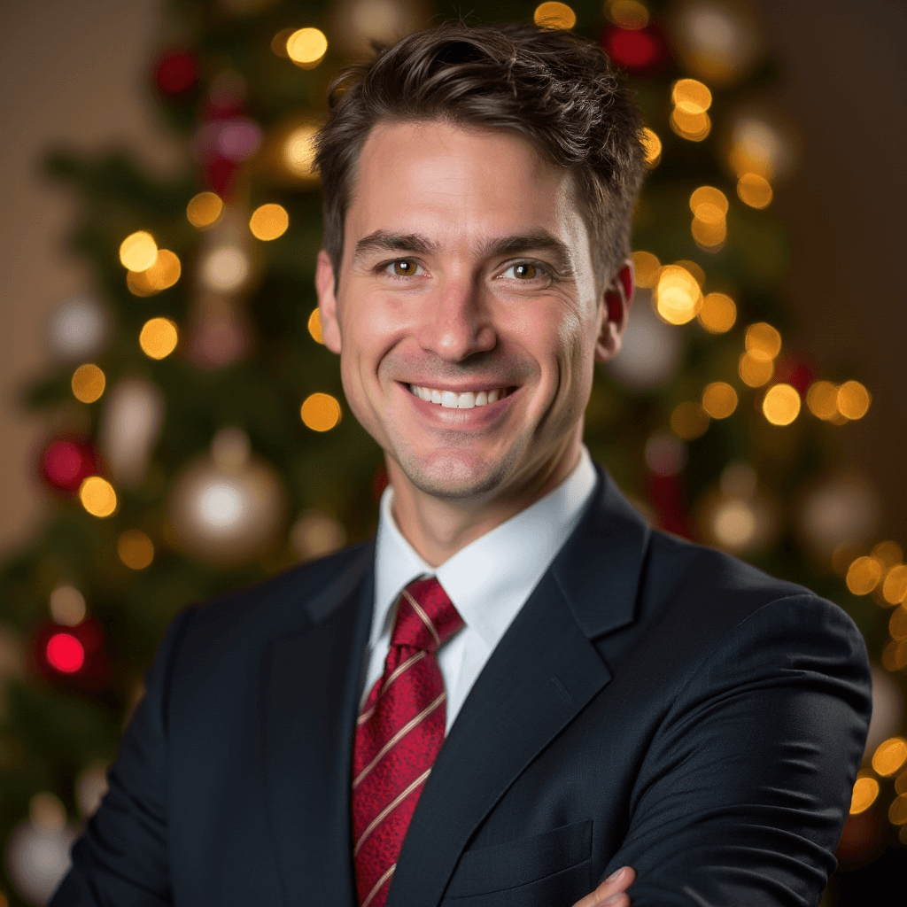 AI generated christmas headshot of a male with christmas tree background