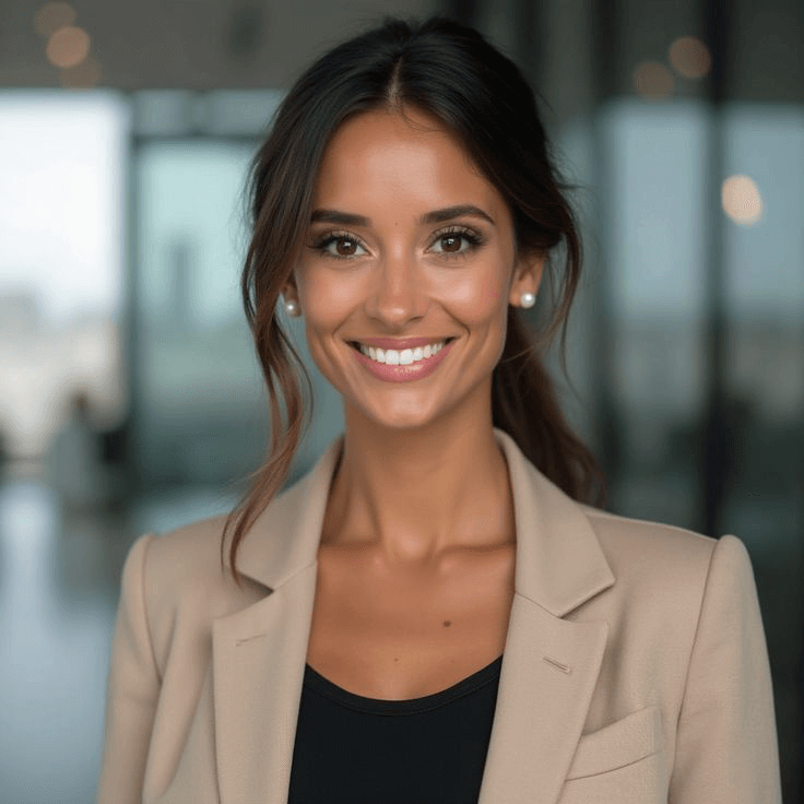 AI generated headshot of a female executive with modern office background