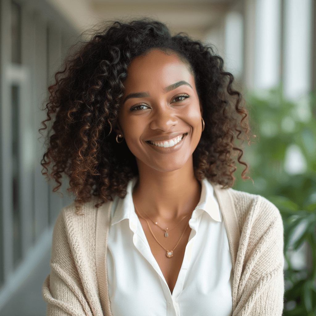 AI generated executive headshot of a female with big windows background