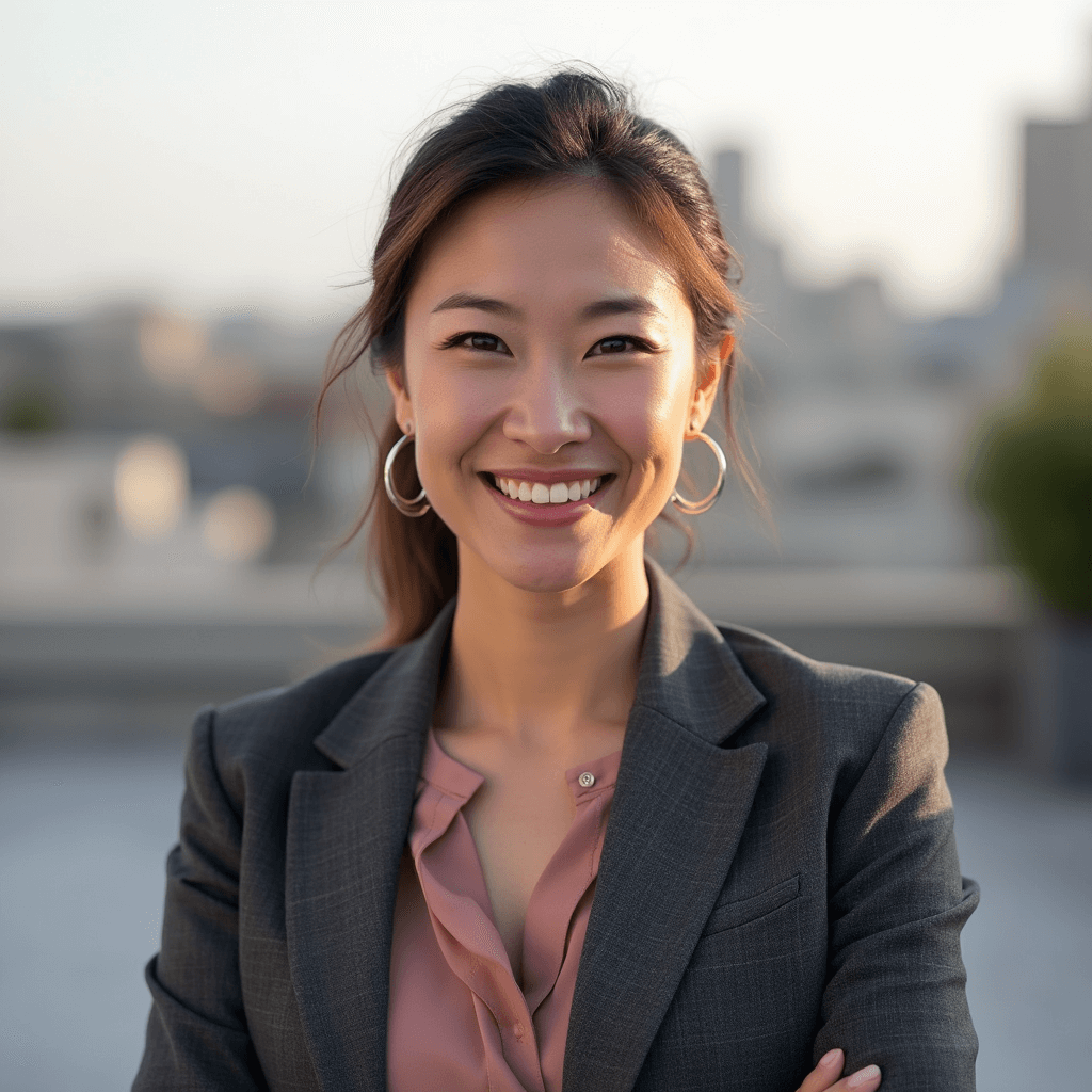 AI generated headshot of a businesswoman smilling confidently in an urban setting