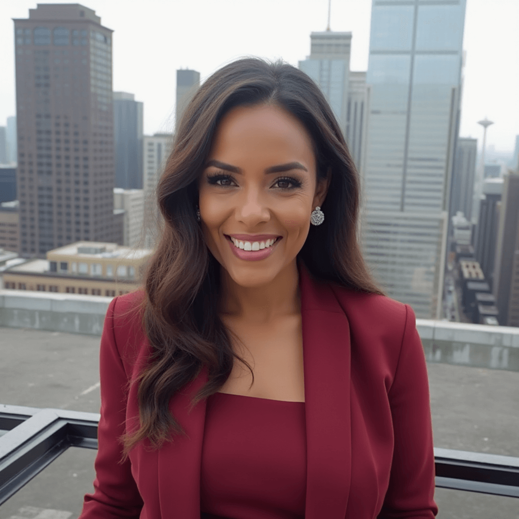 AI-generated realtor headshot of a female with cityscape background