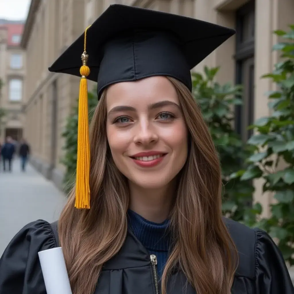 AI generated headshot of a female graduate holding a degree